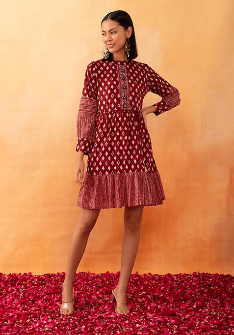 Red Batik Print Tiered Cotton Dress