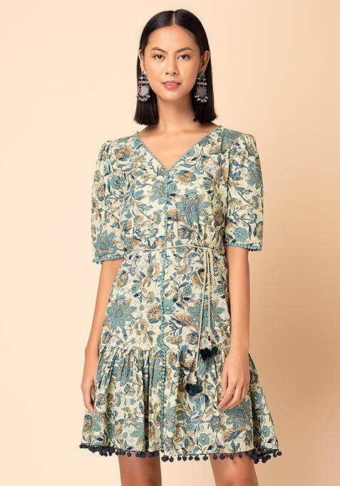 Buy Women Off White Floral Jaal Print Tiered Cotton Dress - Dresses - Indya