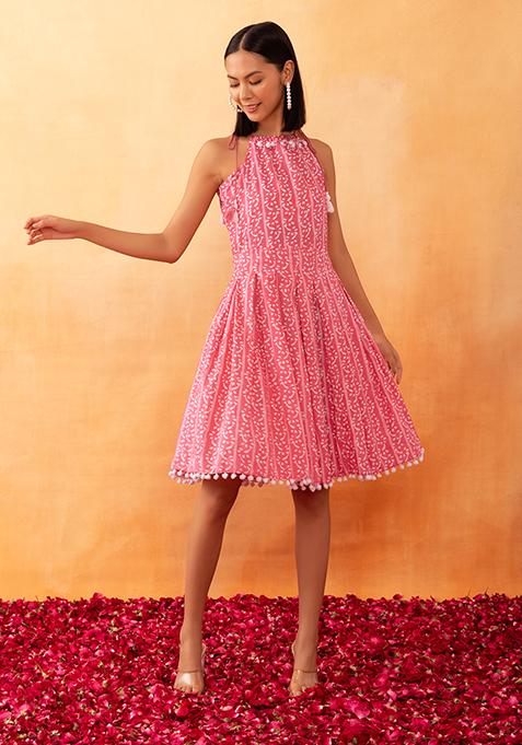 Pink Batik Print Strappy Tiered Cotton Dress