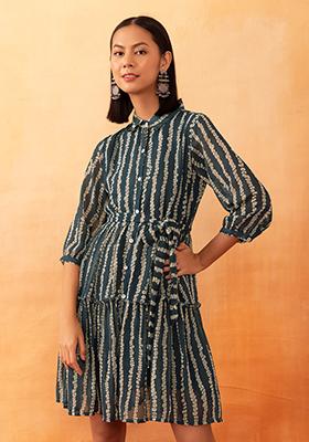 Dark Blue Batik Print Tiered Dress