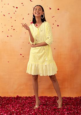 Light Yellow Thread Embroidered Cotton Dress
