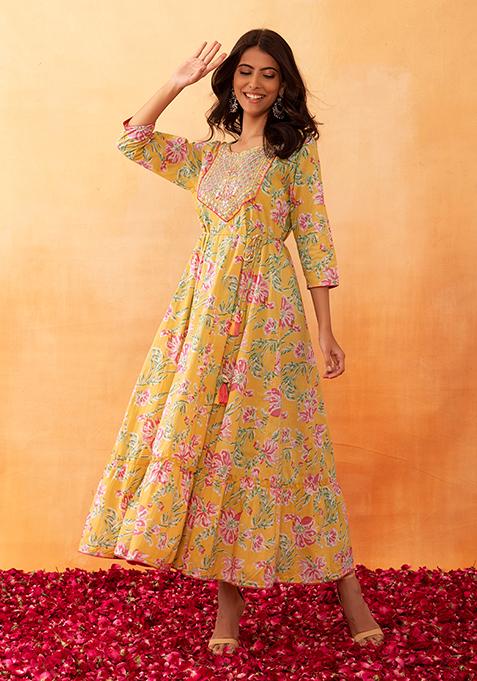 Yellow Floral Jaal Print Embroidered Cotton Tiered Dress