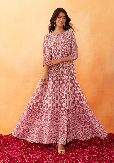 White Floral Jaal Print Embroidered Cotton Tiered Dress