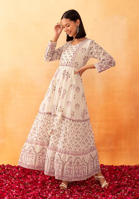 Off White And Pink Floral Print Maxi Kurta