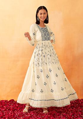 Off White And Indigo Floral Print Maxi Kurta