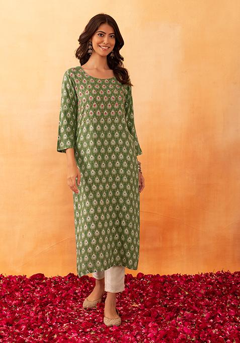 Green Mughal Print Embroidered Cotton Kurta
