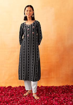 Black Abstract Print Embroidered Cotton Kurta