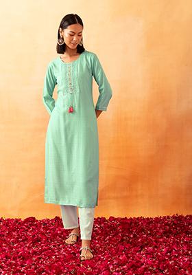 Pastel Green Swiss Dot Embroidered Cotton Kurta