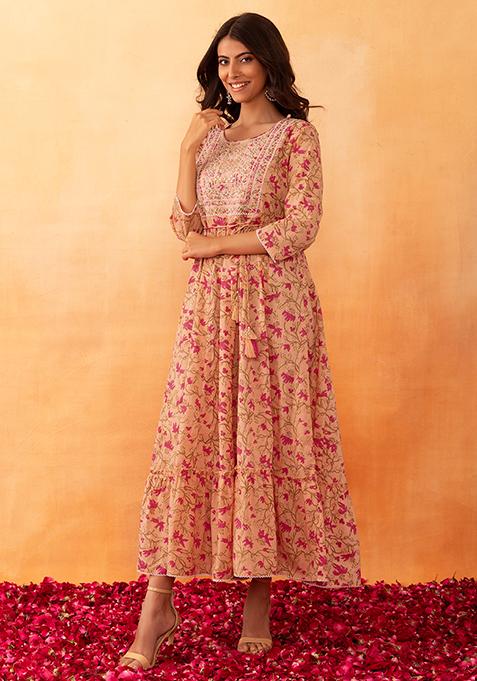 Peach Floral Jaal Print Embroidered Cotton Tiered Dress