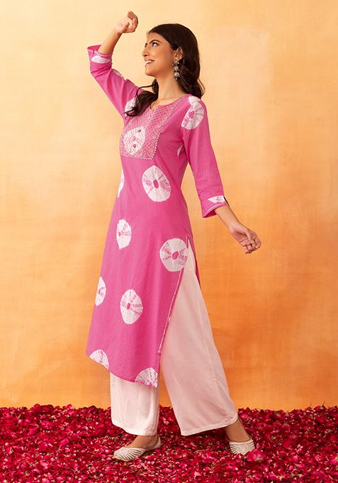 Pink Bandhani Print Embroidered Cotton Kurta
