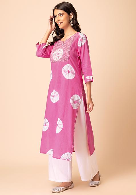Women's Straight Pink Bandhani Kurta