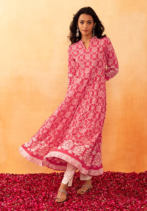 Hot Pink Mughal Jaal Print Rayon Anarkali Kurta