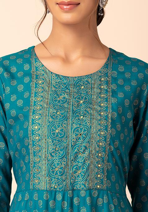 Buy Women Teal Blue Floral Foil Print Rayon Anarkali Kurta - Kurtas - Indya