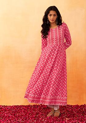 Pink Floral Boota Print Embroidered Rayon Anarkali Kurta