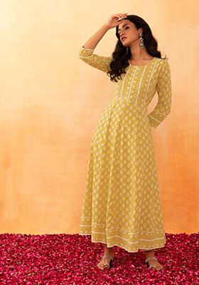Yellow Floral Boota Print Embroidered Rayon Anarkali Kurta