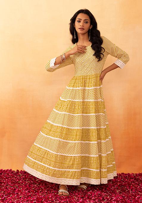 Yellow Zari Embroidered Tiered Cotton Dress