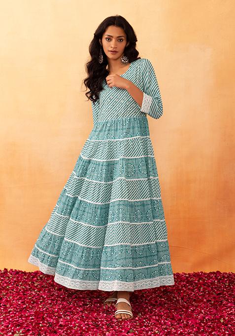 Blue Zari Embroidered Tiered Cotton Dress