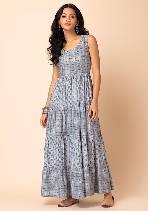 Buy Women Grey Geometric Print Tiered Muslin Dress - Dresses - Indya