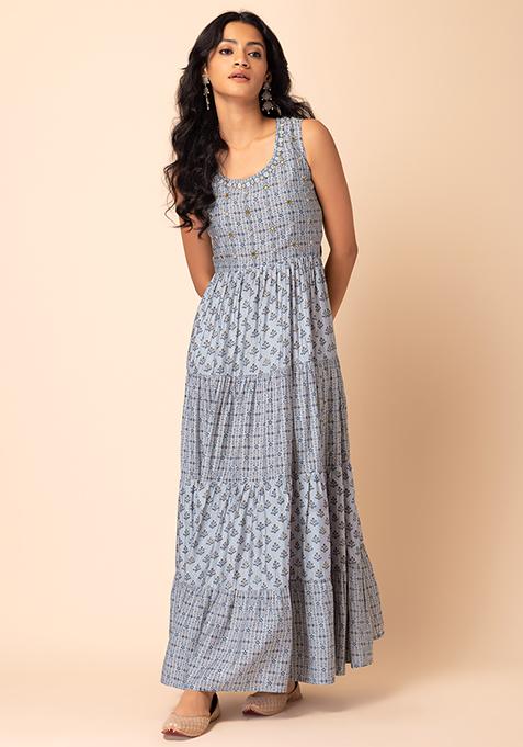 Buy Women Grey Geometric Print Tiered Muslin Dress - Dresses - Indya