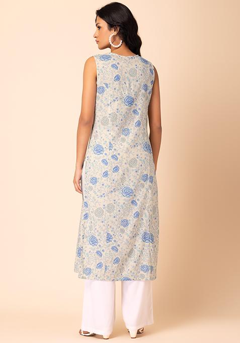 Off white cotton short kurta set with all-over Blue & green coloured flower hand block print.