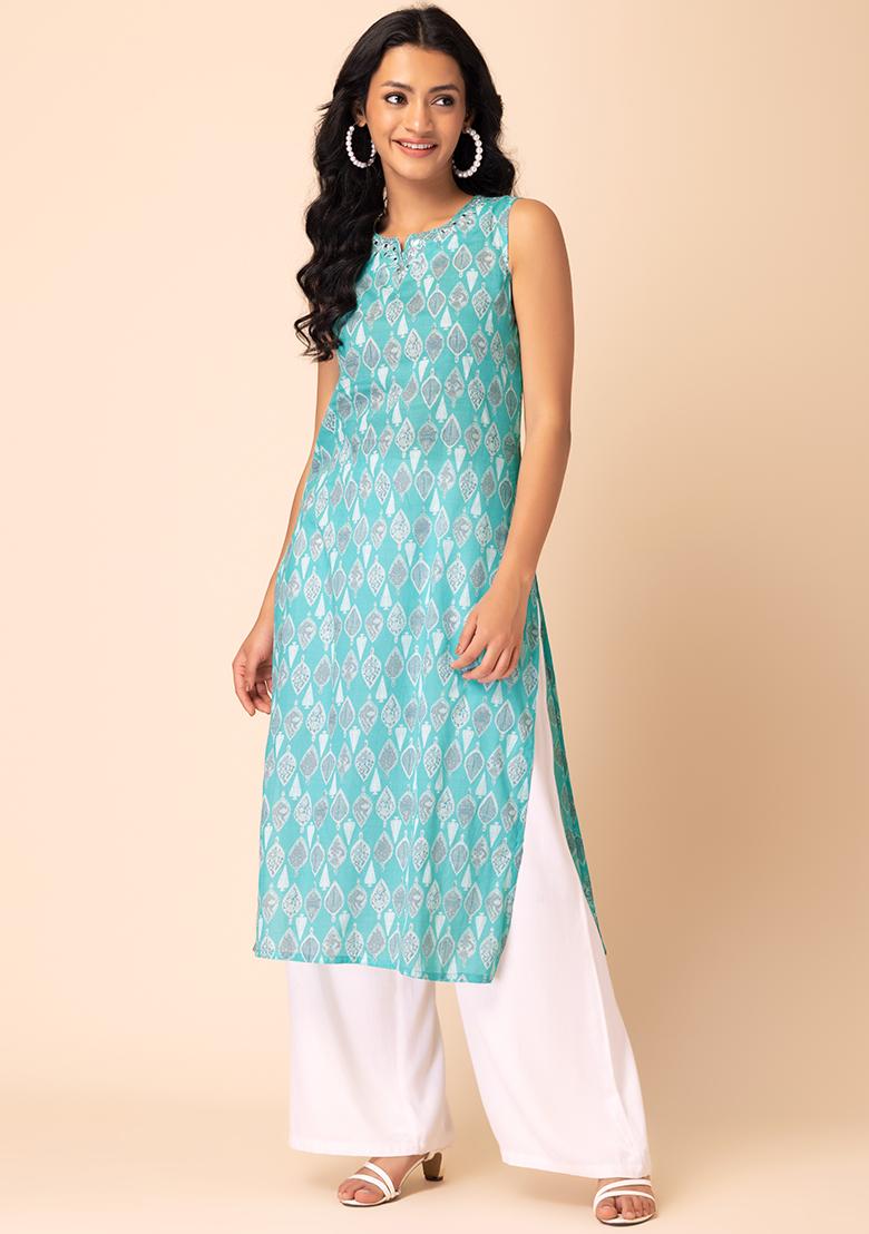 [Available]  Pastel Green Floral Print Short Kurta & Pants Set main image 0