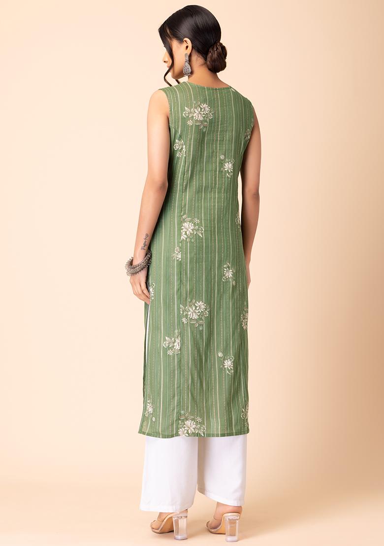 [Available]  Pastel Green Floral Print Short Kurta & Pants Set main image 1