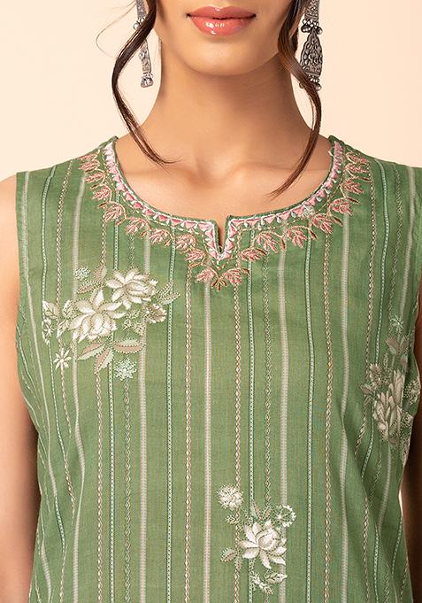 Green Woven Design Striped Kurta