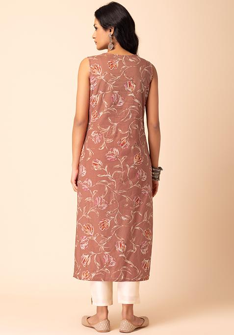 Pink Floral Print Cotton Kurta with Embroidery