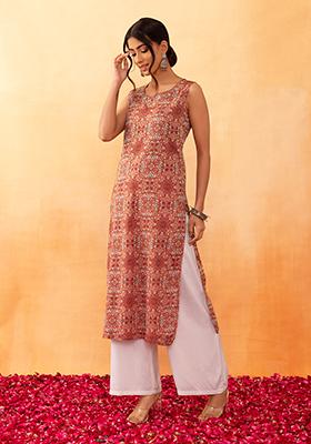 Orange Abstract Print Embroidered Kurta