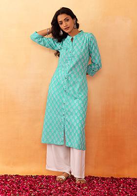 Pastel Green Floral Boota Print Cotton Kurta