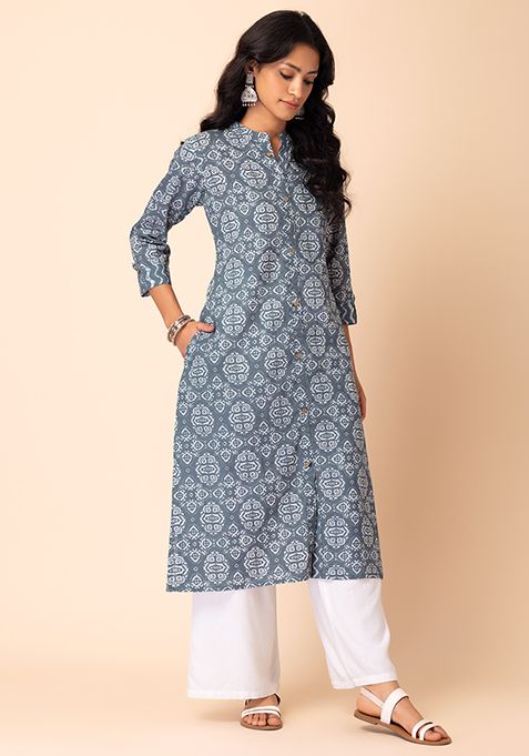 Buy Women Dark Grey Batik Print Cotton Kurta - Everyday Ethnic - Indya