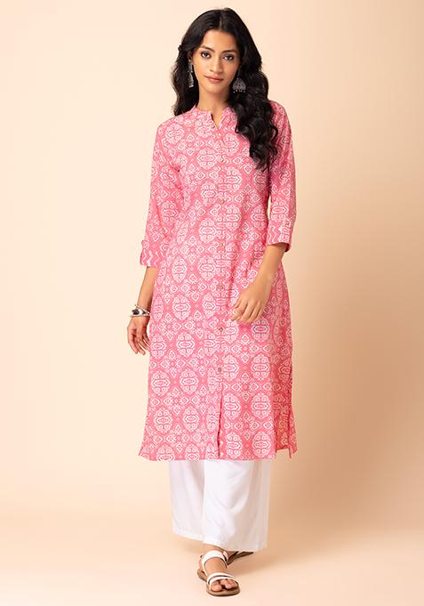 Women'S Pink Floral Print Cotton Straight Kurta