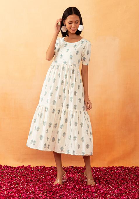 Ivory And Blue Boota Print Cotton Tiered Dress