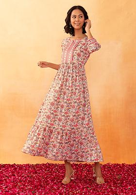 Off White And Red Floral Jaal Print Cotton Dress