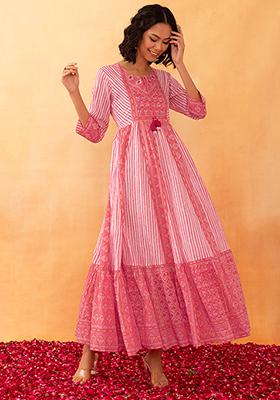 Orange Floral Print Embroidered Cotton Dress