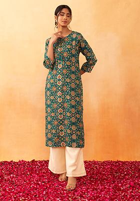 Turquoise Blue Floral Foil Print Rayon Kurta
