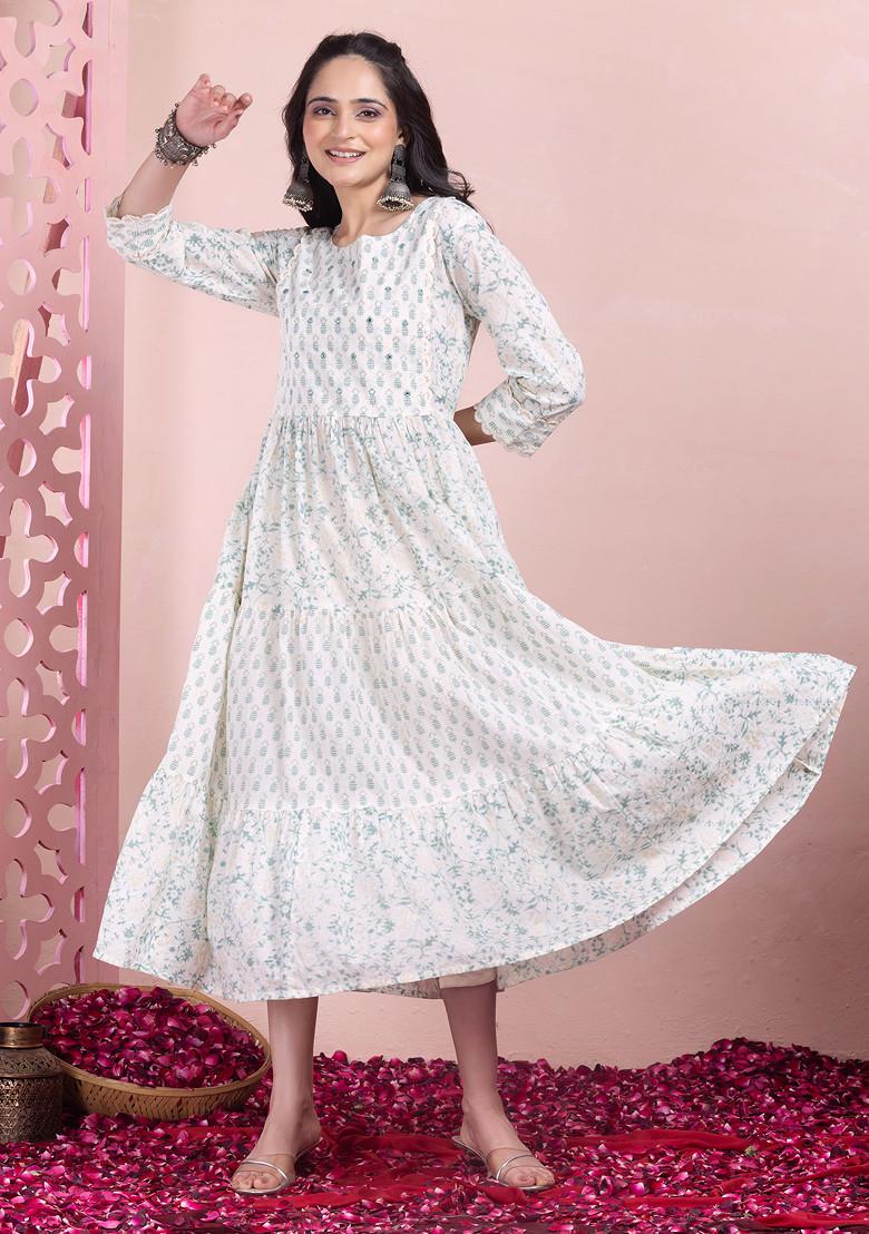 Off White Floral Jaal Print Cotton Dress