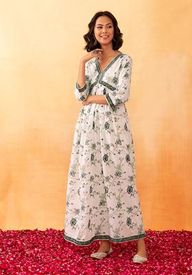 Ivory Floral Print Zari Embroidered Cotton Kurta