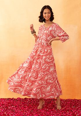 Peach Marble Print Rayon Tiered Dress