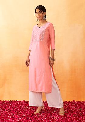 Peach Zari Embroidered Chanderi Kurta