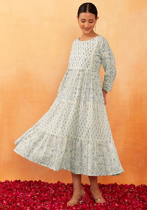 Off White And Grey Floral Jaal Print Cotton Kurta