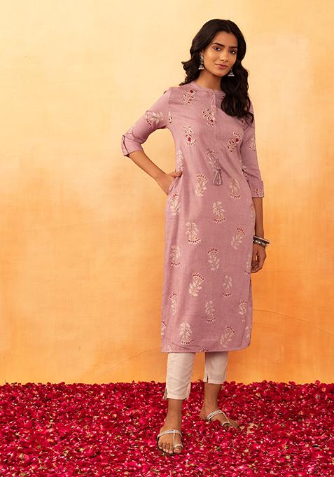 Dusty Pink Floral Foil Print Embroidered Rayon Kurta