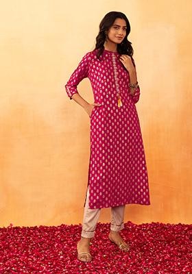 Hot Pink Floral Foil Print Embroidered Rayon Kurta