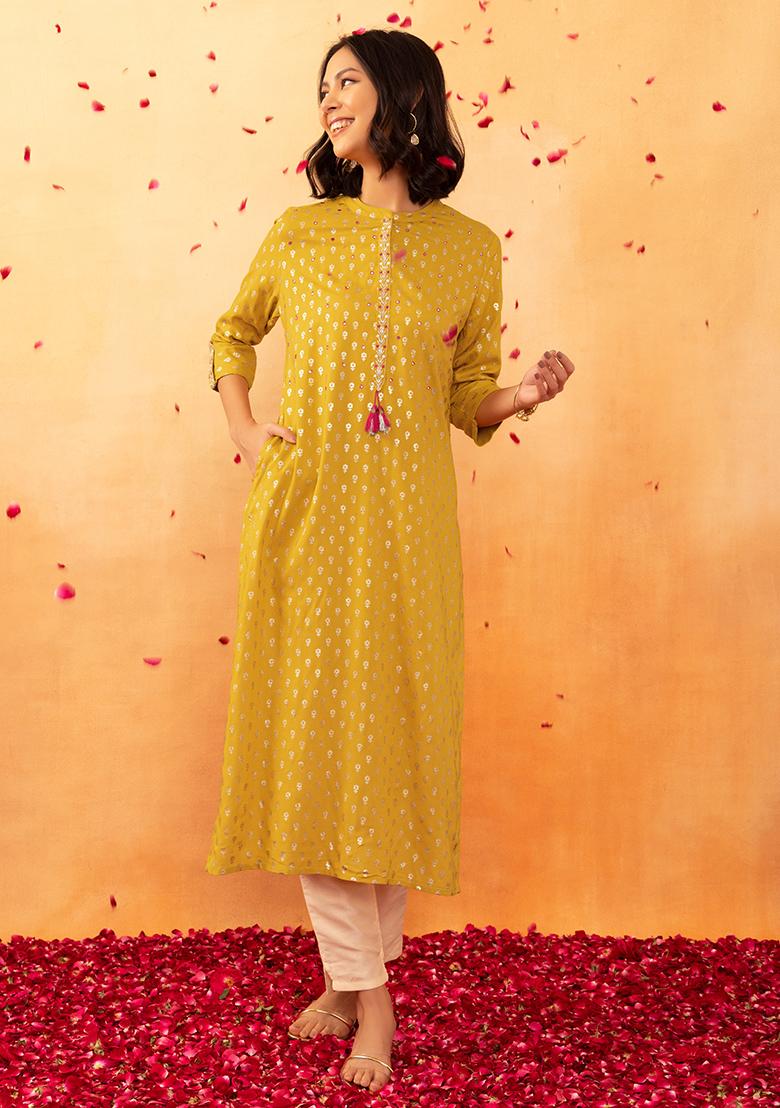 Buy Women Yellow Anarkali Kurta With Churidar And Embroidered Dupatta (Set  Of 3) - Feed-Kurta-Sets - Indya