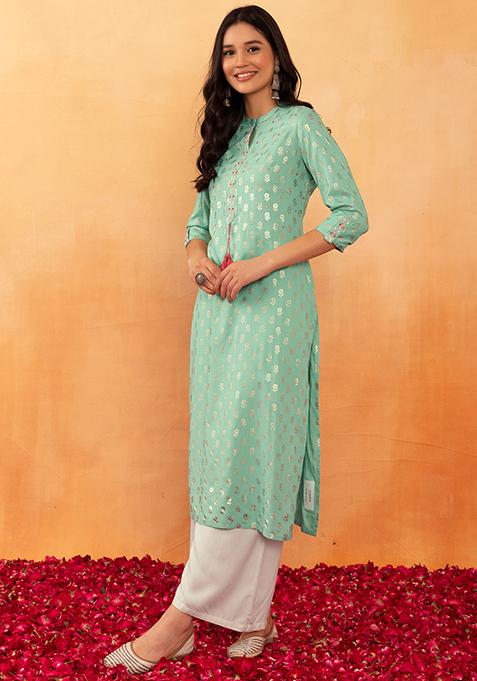 Light Green Floral Foil Print Rayon Kurta