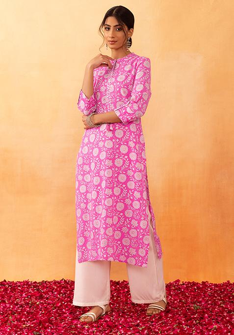 Pink Floral Jaal Print Embroidered Rayon Kurta