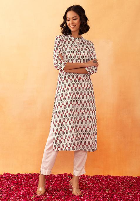 Ivory And Red Floral Print Rayon Kurta