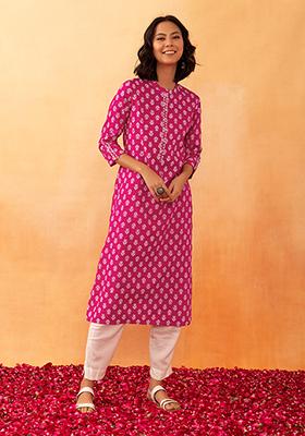 Hot Pink Floral Boota Print Rayon Kurta
