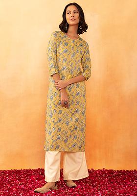 Yellow Floral Jaal Print Rayon Straight Kurta
