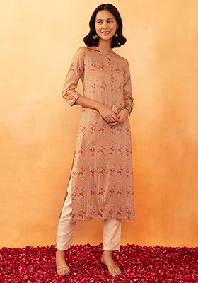 Peach Floral Print Rayon Kurta